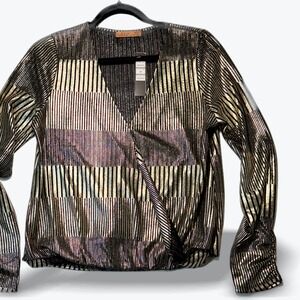 Belldini Blouse Striped Surplice Metallic Gold Black Womens Medium NWT